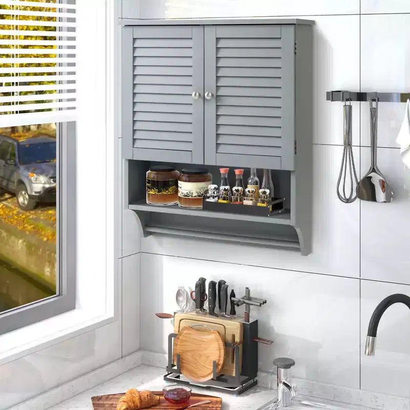 Bathroom Wall Mounted Medicine Cabinet with Louvered Doors & Towel Bar