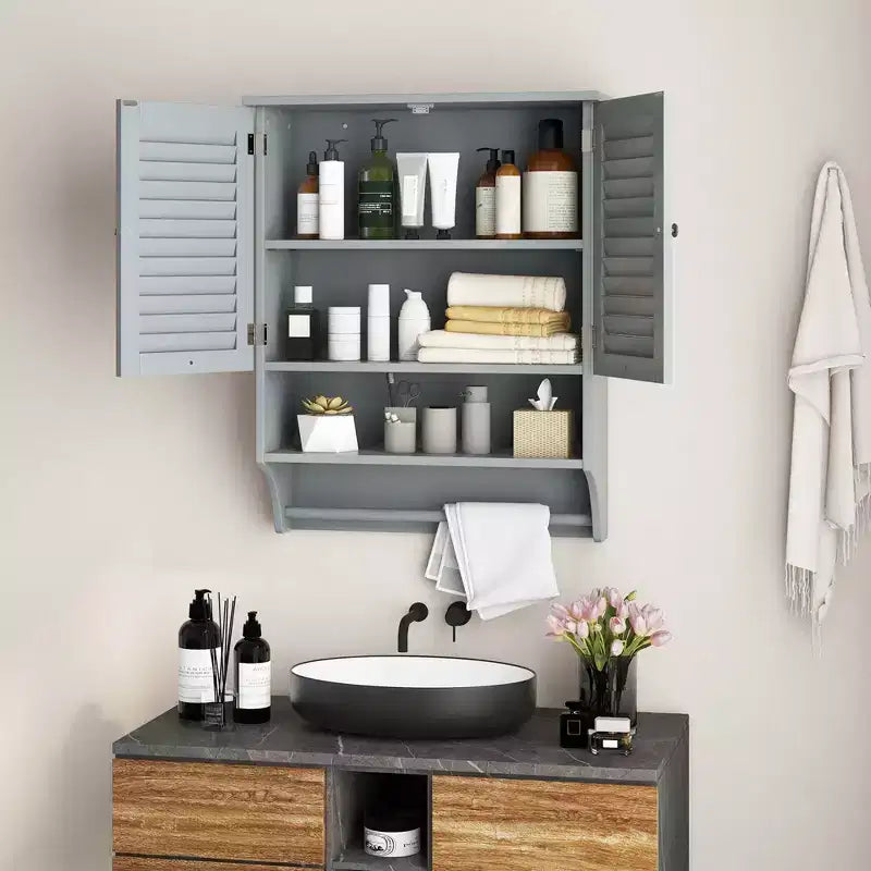 Bathroom Wall Mounted Medicine Cabinet with Louvered Doors & Towel Bar