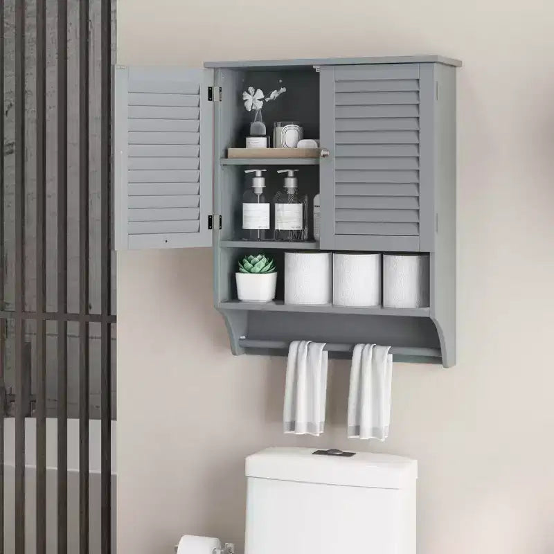 Bathroom Wall Mounted Medicine Cabinet with Louvered Doors & Towel Bar