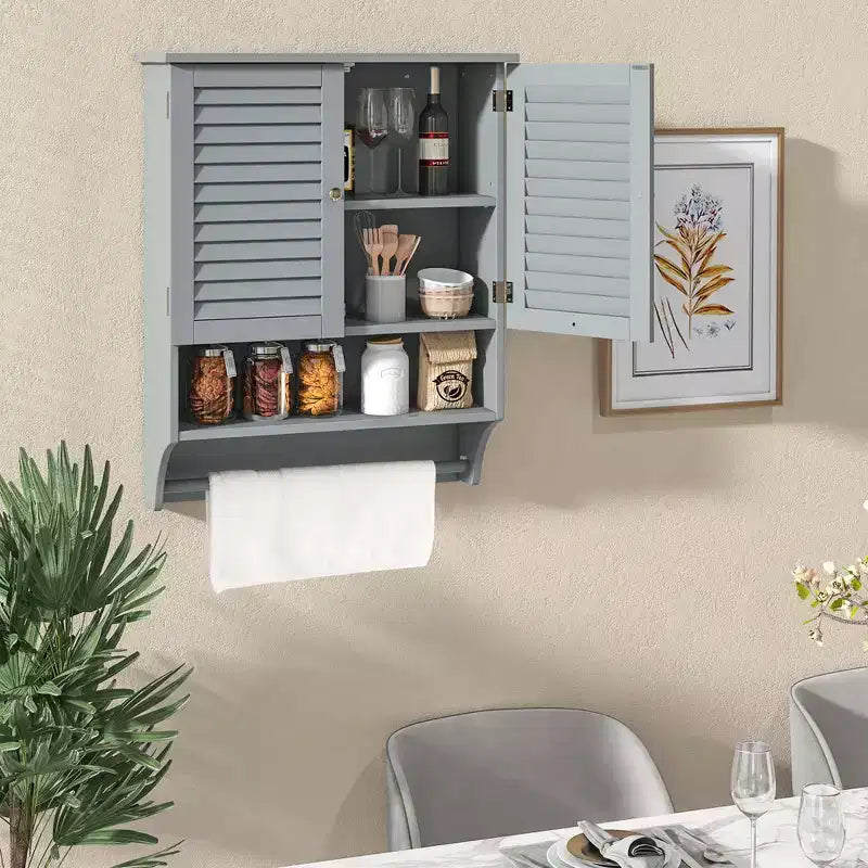 Bathroom Wall Mounted Medicine Cabinet with Louvered Doors & Towel Bar