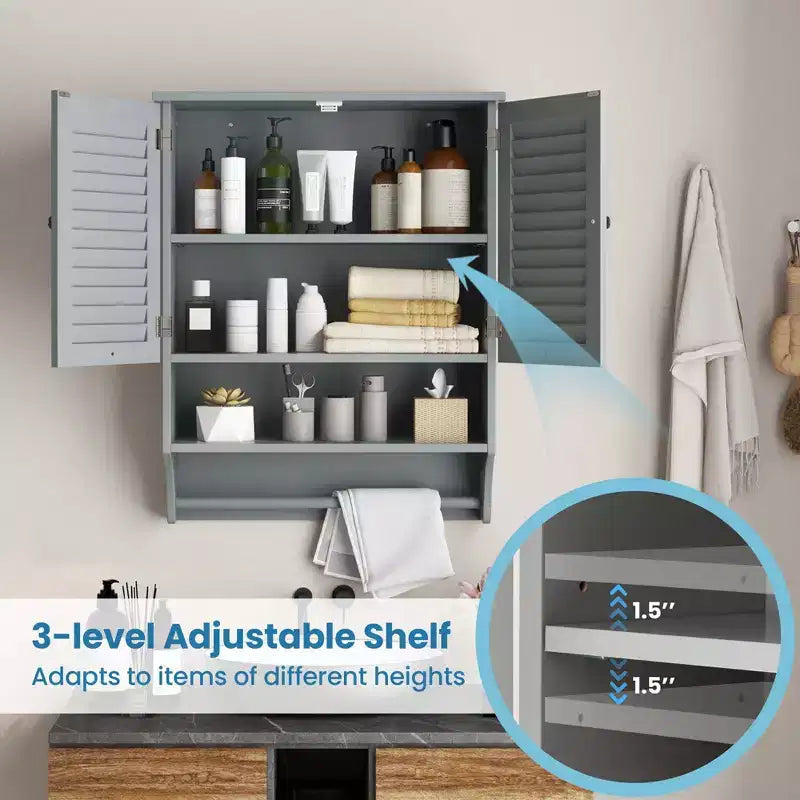 Bathroom Wall Mounted Medicine Cabinet with Louvered Doors & Towel Bar