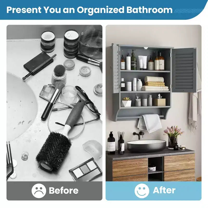 Bathroom Wall Mounted Medicine Cabinet with Louvered Doors & Towel Bar