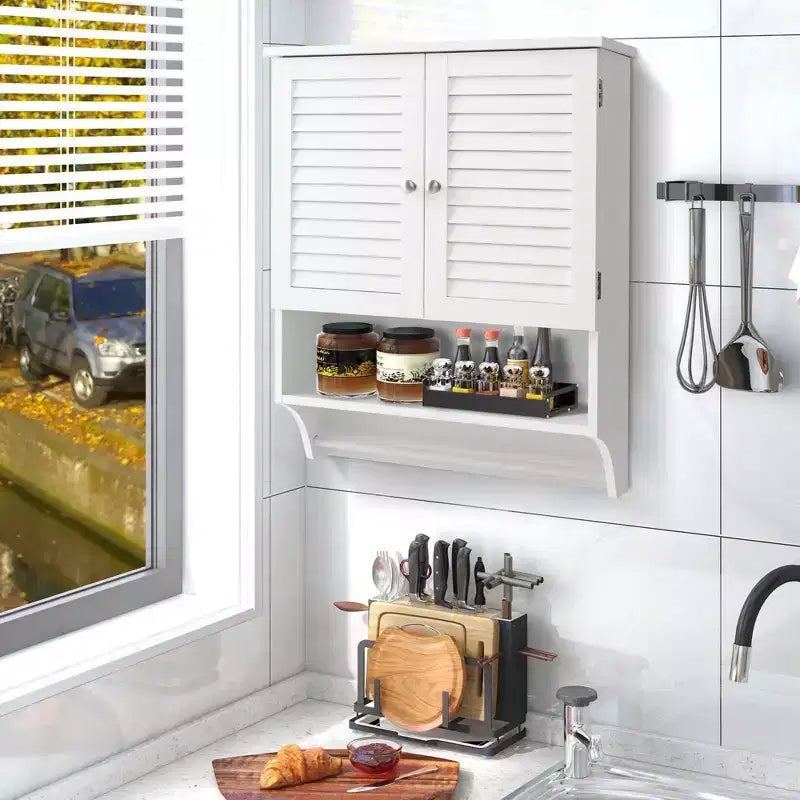 Bathroom Wall Mounted Medicine Cabinet with Louvered Doors & Towel Bar