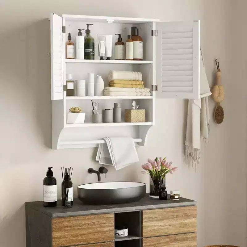 Bathroom Wall Mounted Medicine Cabinet with Louvered Doors & Towel Bar
