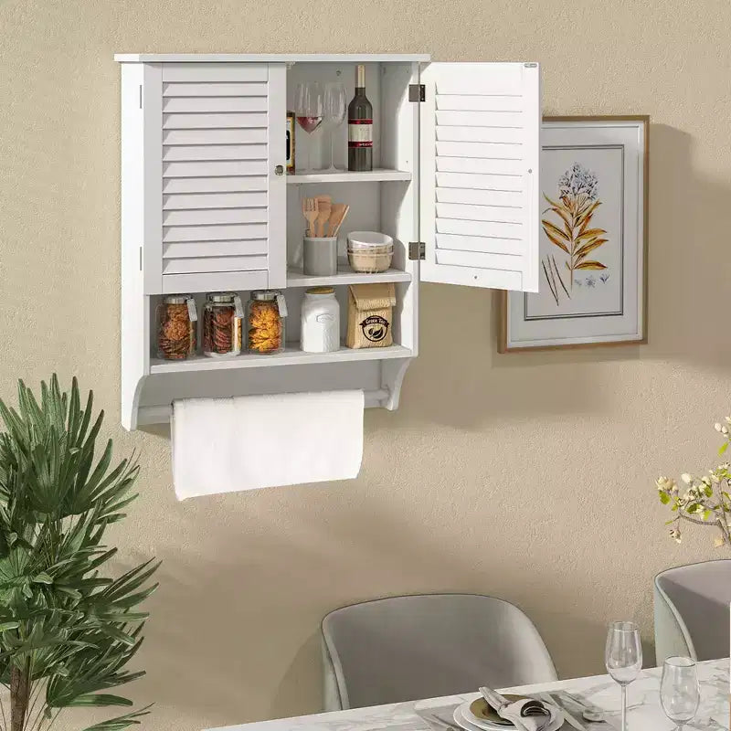 Bathroom Wall Mounted Medicine Cabinet with Louvered Doors & Towel Bar