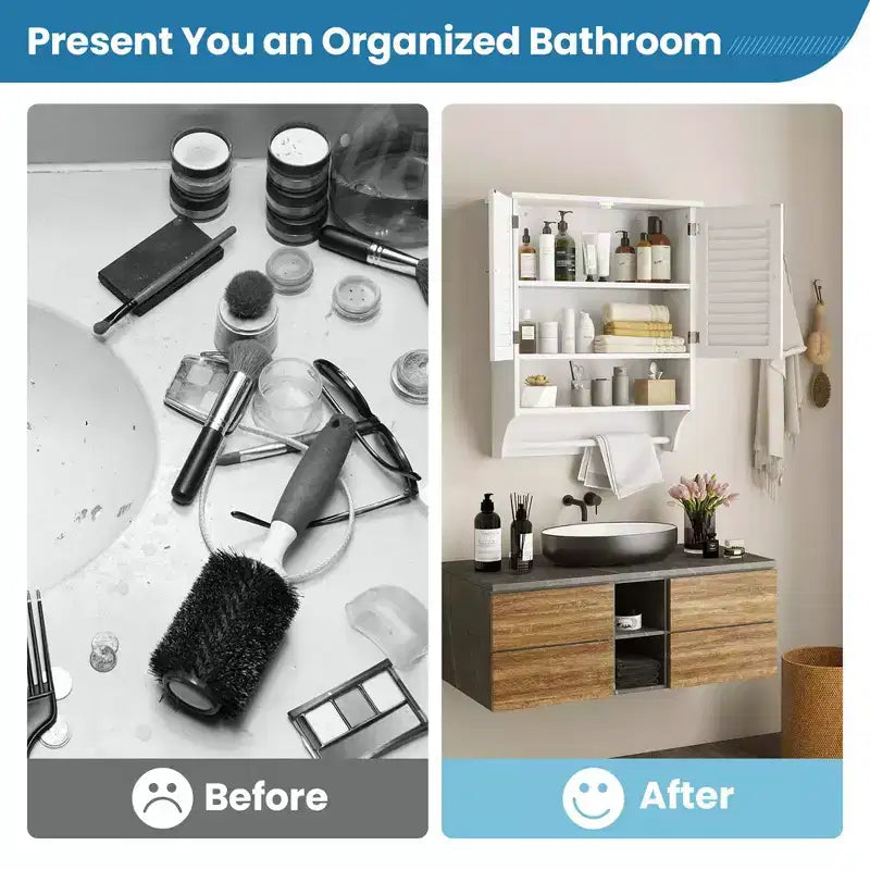 Bathroom Wall Mounted Medicine Cabinet with Louvered Doors & Towel Bar