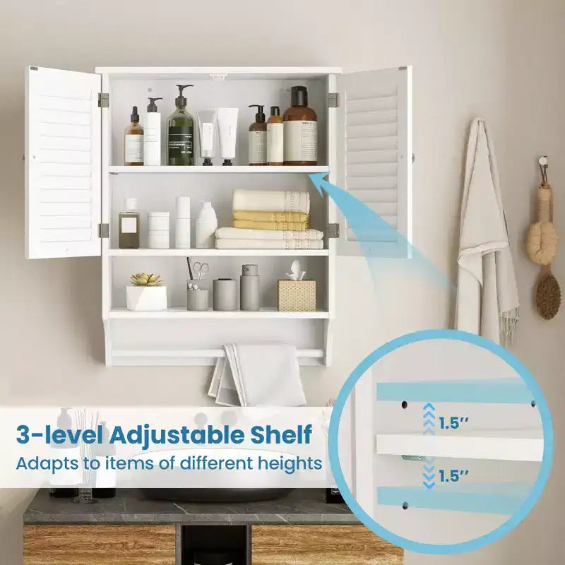 Bathroom Wall Mounted Medicine Cabinet with Louvered Doors & Towel Bar