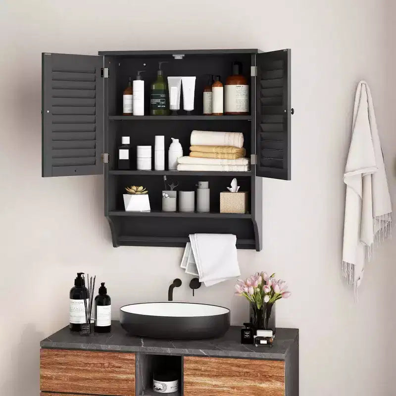 Bathroom Wall Mounted Medicine Cabinet with Louvered Doors & Towel Bar