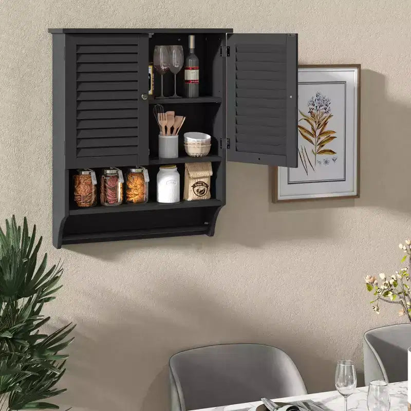 Bathroom Wall Mounted Medicine Cabinet with Louvered Doors & Towel Bar