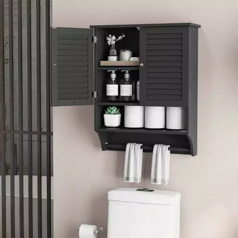 Bathroom Wall Mounted Medicine Cabinet with Louvered Doors & Towel Bar