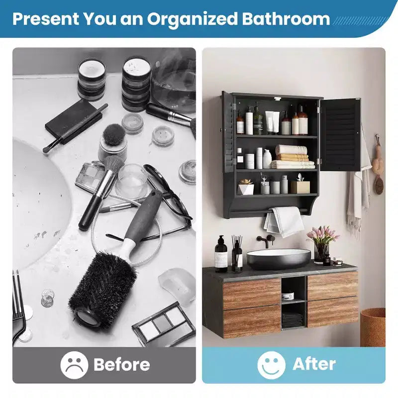 Bathroom Wall Mounted Medicine Cabinet with Louvered Doors & Towel Bar