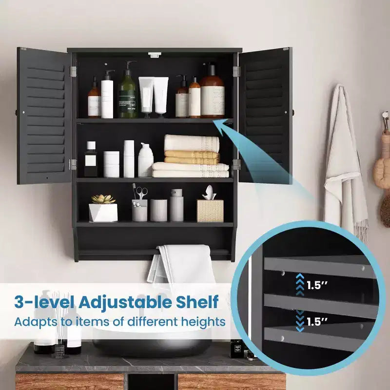 Bathroom Wall Mounted Medicine Cabinet with Louvered Doors & Towel Bar