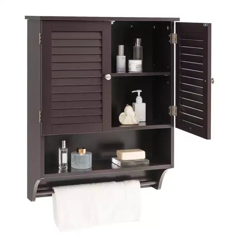 Bathroom Wall Mounted Medicine Cabinet with Louvered Doors & Towel Bar