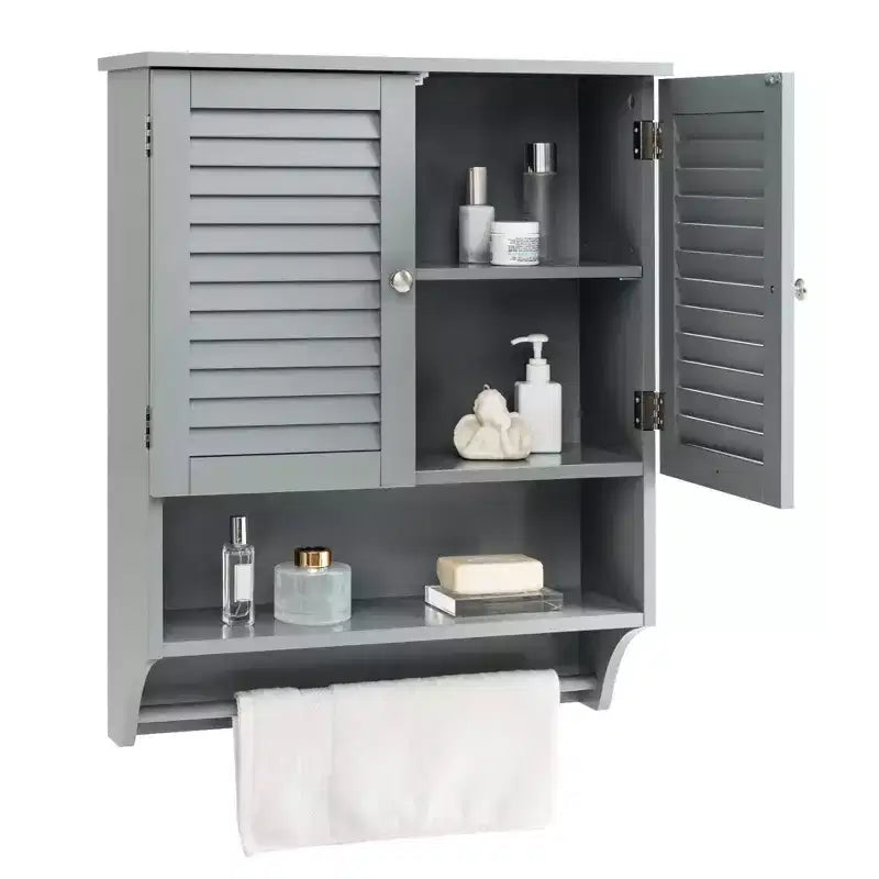 Bathroom Wall Mounted Medicine Cabinet with Louvered Doors & Towel Bar