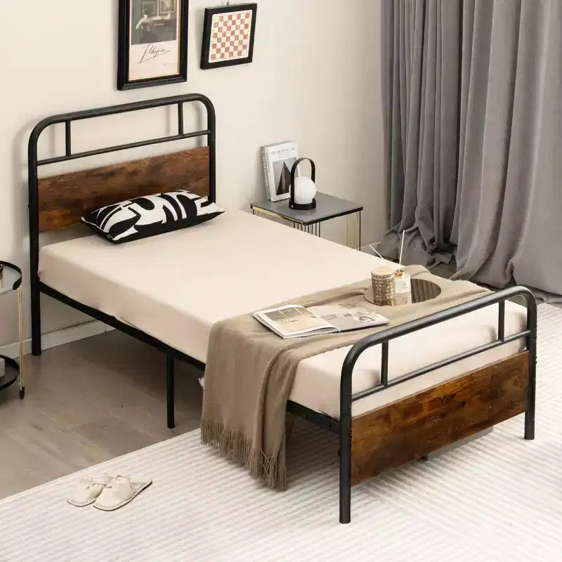 Metal Platform Bed Frame with Industrial Headboard