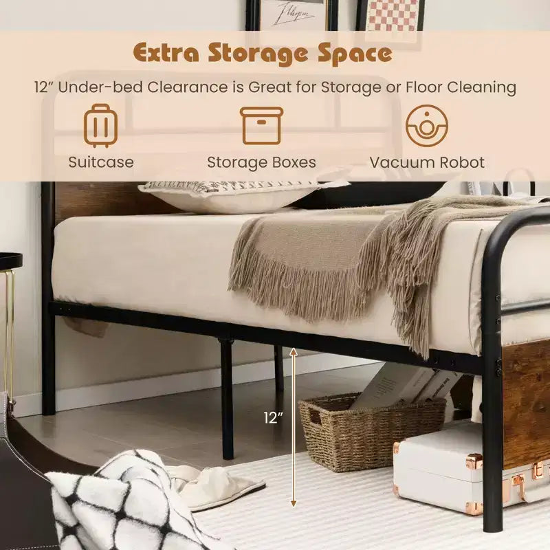 Metal Platform Bed Frame with Industrial Headboard
