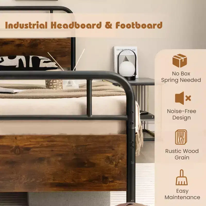 Metal Platform Bed Frame with Industrial Headboard