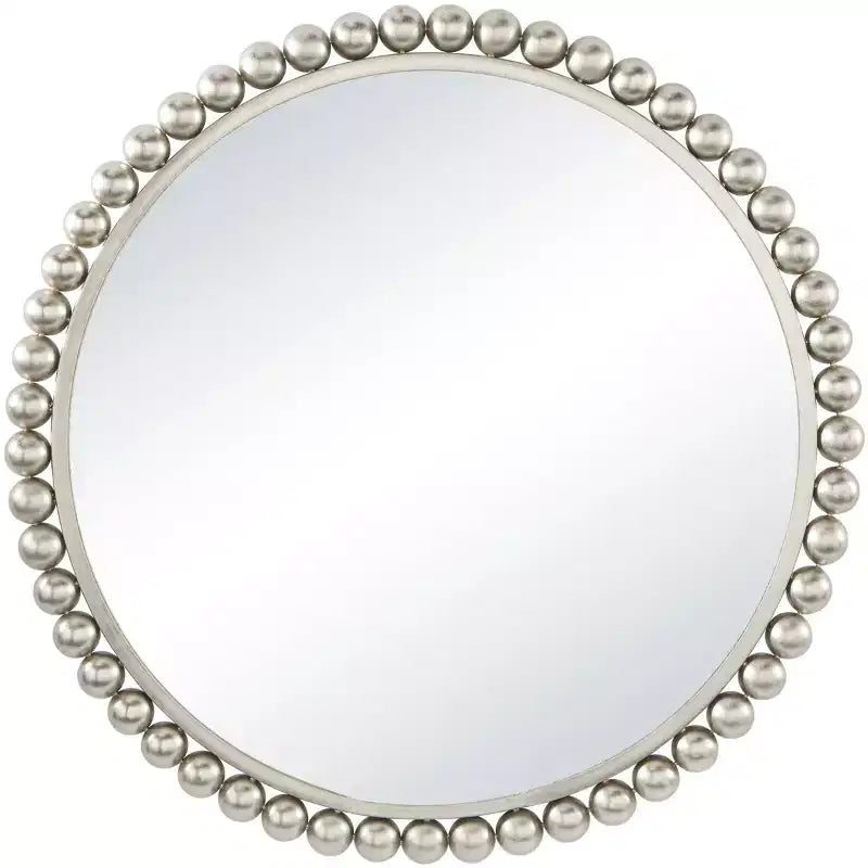 Round Metal Wall Mirror with Bead Detailing, 36 Inch