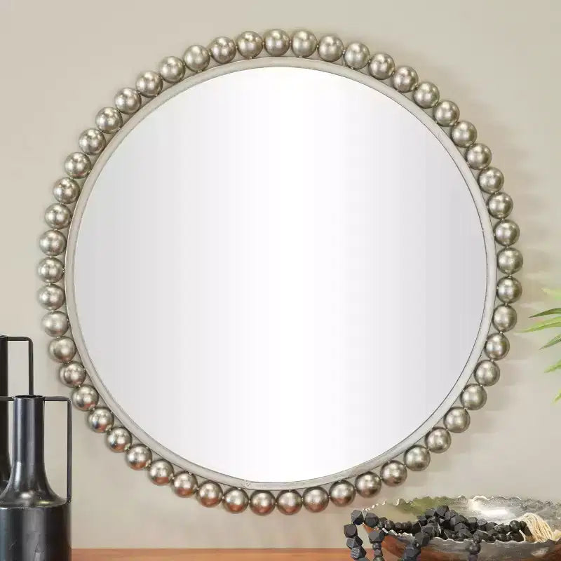 Round Metal Wall Mirror with Bead Detailing, 36 Inch