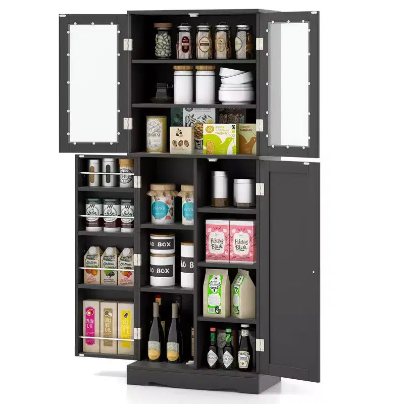 63.5" Tall Kitchen Pantry Storage Cabinet with Glass Doors and Adjustable Shelves, Black/White