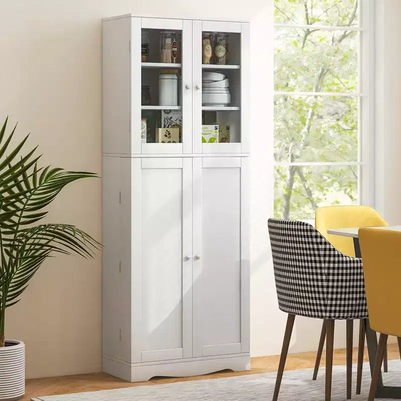 63.5" Tall Kitchen Pantry Storage Cabinet with Glass Doors and Adjustable Shelves, Black/White