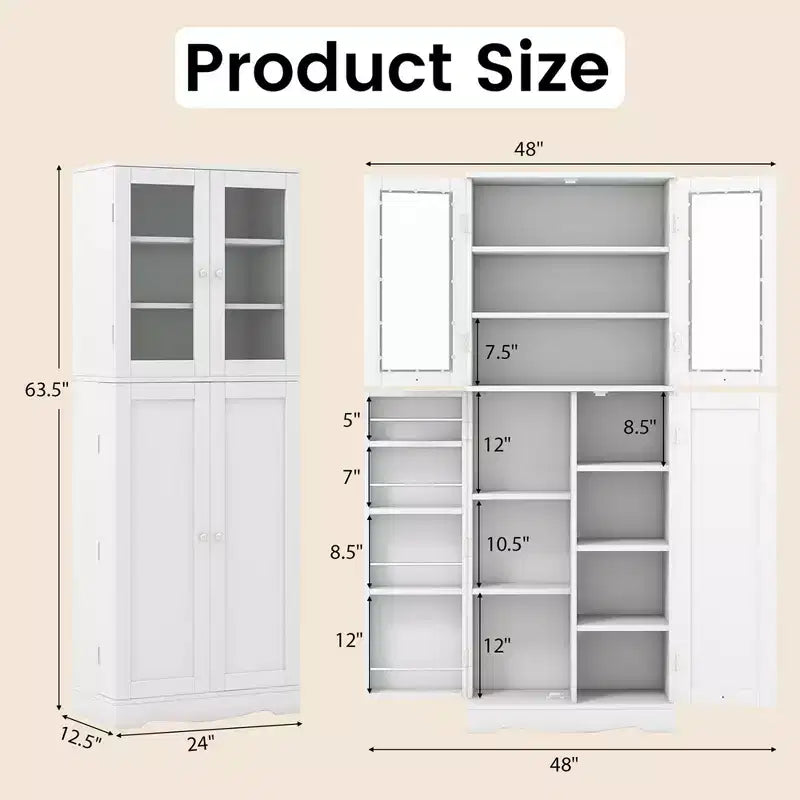 63.5" Tall Kitchen Pantry Storage Cabinet with Glass Doors and Adjustable Shelves, Black/White