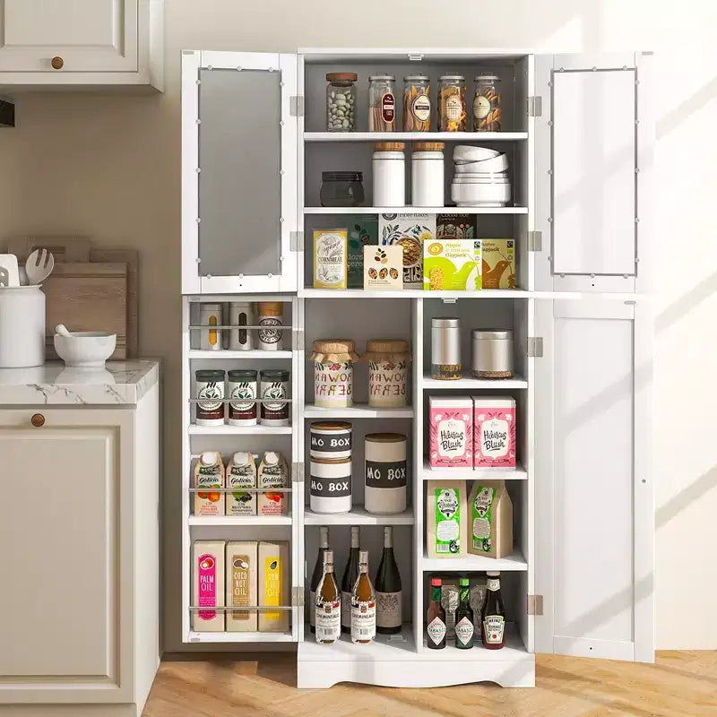 63.5" Tall Kitchen Pantry Storage Cabinet with Glass Doors and Adjustable Shelves, Black/White