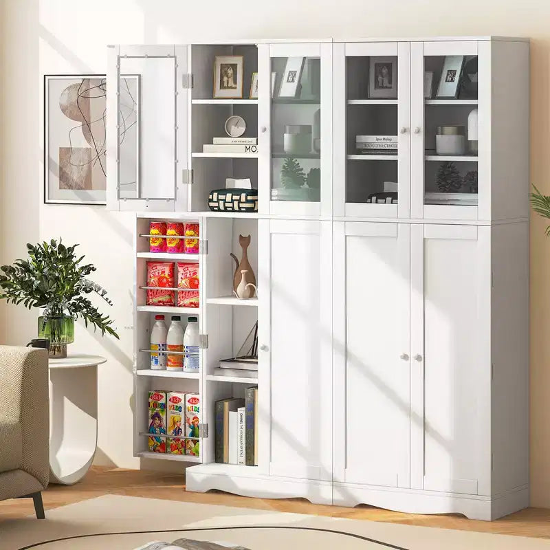 63.5" Tall Kitchen Pantry Storage Cabinet with Glass Doors and Adjustable Shelves, Black/White