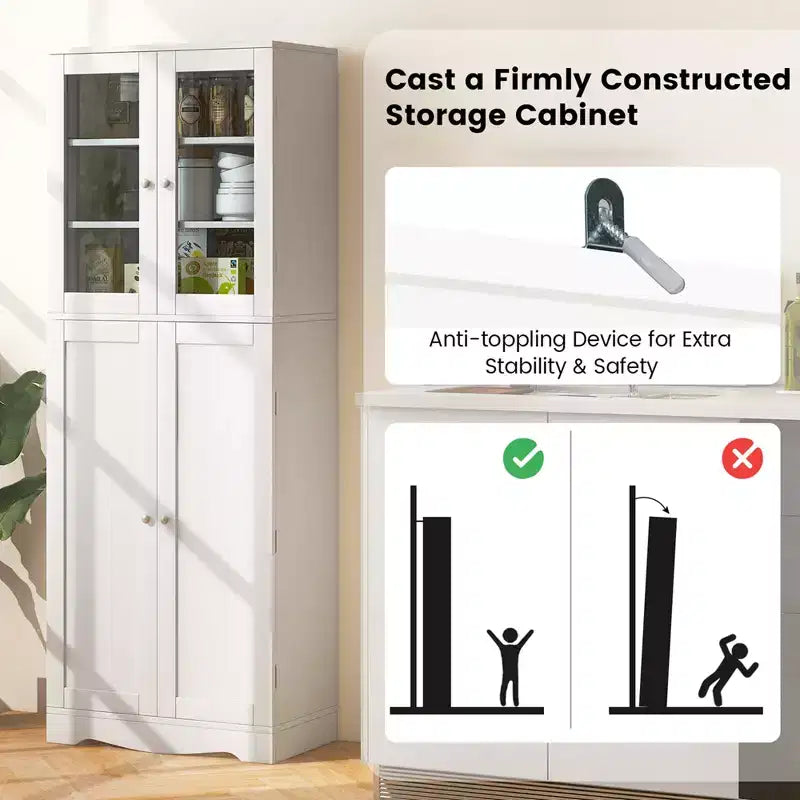 63.5" Tall Kitchen Pantry Storage Cabinet with Glass Doors and Adjustable Shelves, Black/White