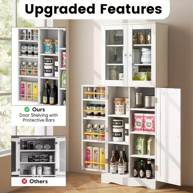 63.5" Tall Kitchen Pantry Storage Cabinet with Glass Doors and Adjustable Shelves, Black/White