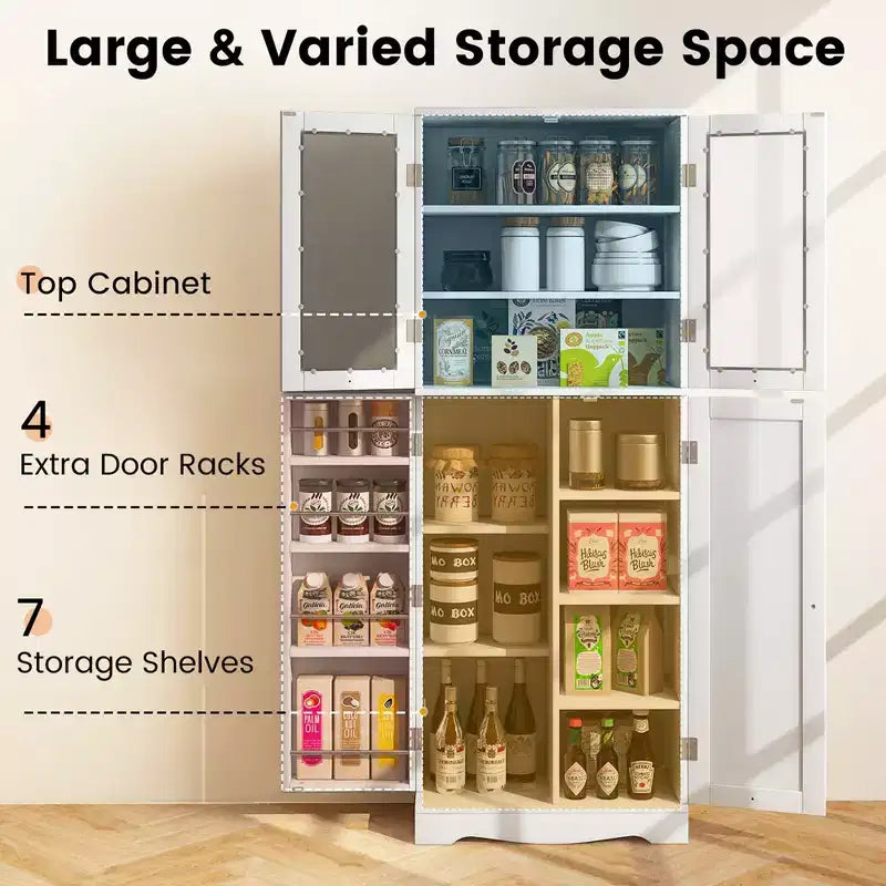 63.5" Tall Kitchen Pantry Storage Cabinet with Glass Doors and Adjustable Shelves, Black/White