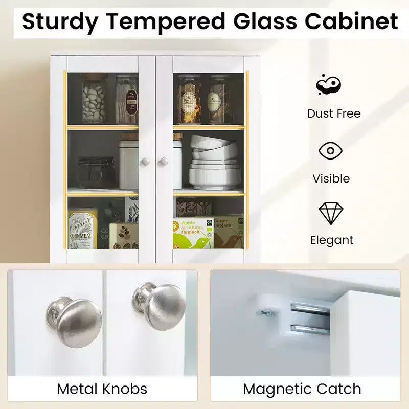 63.5" Tall Kitchen Pantry Storage Cabinet with Glass Doors and Adjustable Shelves, Black/White
