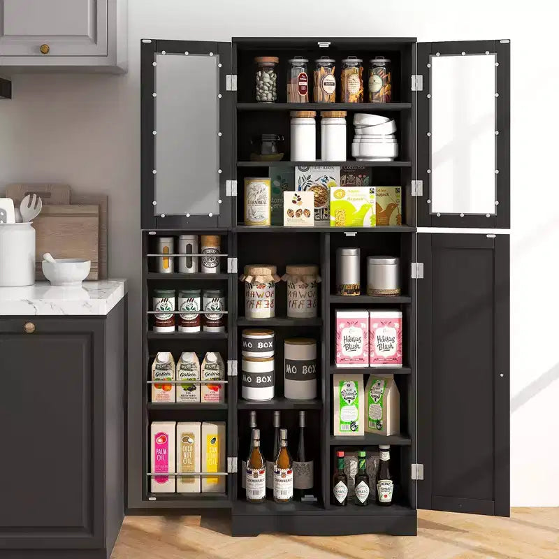 63.5" Tall Kitchen Pantry Storage Cabinet with Glass Doors and Adjustable Shelves, Black/White