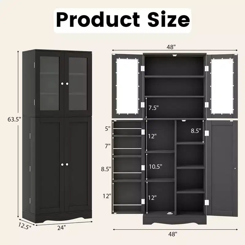 63.5" Tall Kitchen Pantry Storage Cabinet with Glass Doors and Adjustable Shelves, Black/White