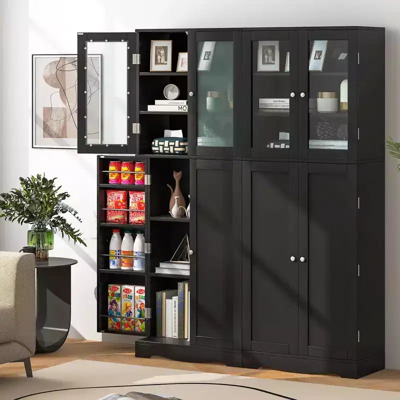 63.5" Tall Kitchen Pantry Storage Cabinet with Glass Doors and Adjustable Shelves, Black/White