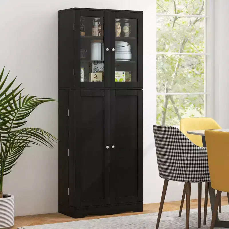63.5" Tall Kitchen Pantry Storage Cabinet with Glass Doors and Adjustable Shelves, Black/White