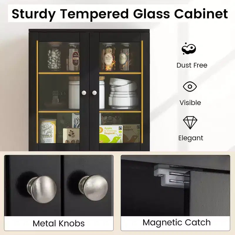 63.5" Tall Kitchen Pantry Storage Cabinet with Glass Doors and Adjustable Shelves, Black/White