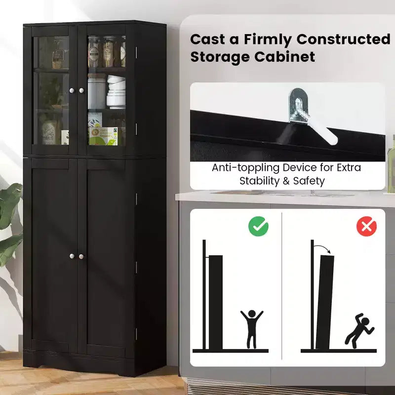 63.5" Tall Kitchen Pantry Storage Cabinet with Glass Doors and Adjustable Shelves, Black/White