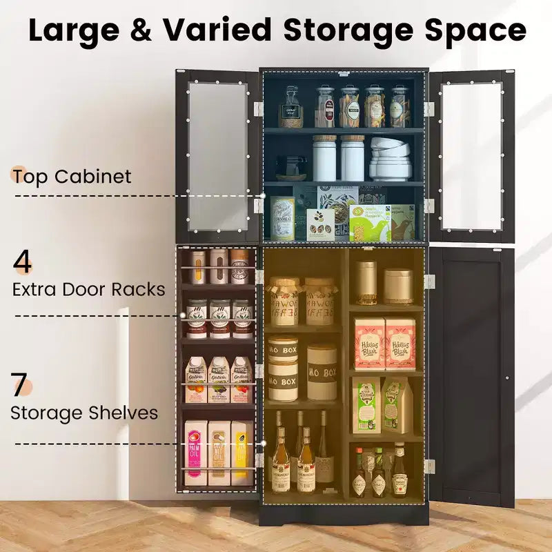 63.5" Tall Kitchen Pantry Storage Cabinet with Glass Doors and Adjustable Shelves, Black/White