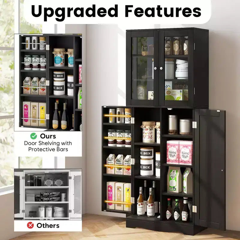 63.5" Tall Kitchen Pantry Storage Cabinet with Glass Doors and Adjustable Shelves, Black/White
