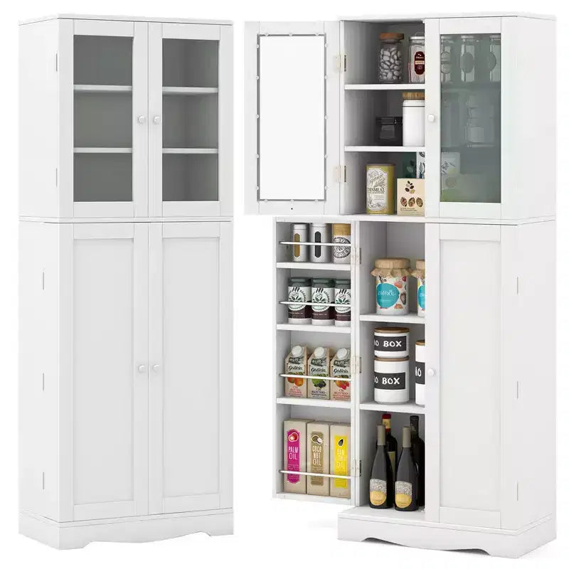 63.5" Tall Kitchen Pantry Storage Cabinet with Glass Doors and Adjustable Shelves, Black/White