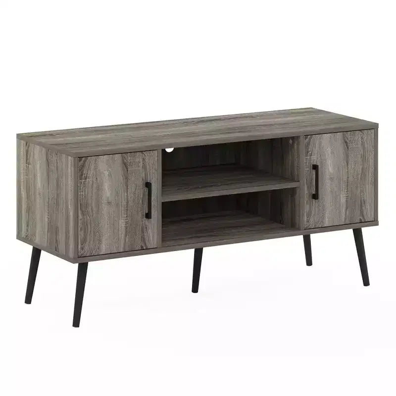 Mid-Century TV Stand with 2 Cabinets & Open Storage Shelves for TVs up to 50", French Oak Grey