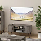 Meuble TV Mid-Century avec 2 placards et étagères ouvertes pour TV jusqu'à 50", Chêne Français Gris