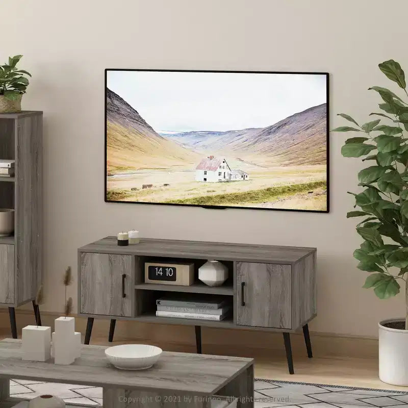 Mid-Century TV Stand with 2 Cabinets & Open Storage Shelves for TVs up to 50", French Oak Grey