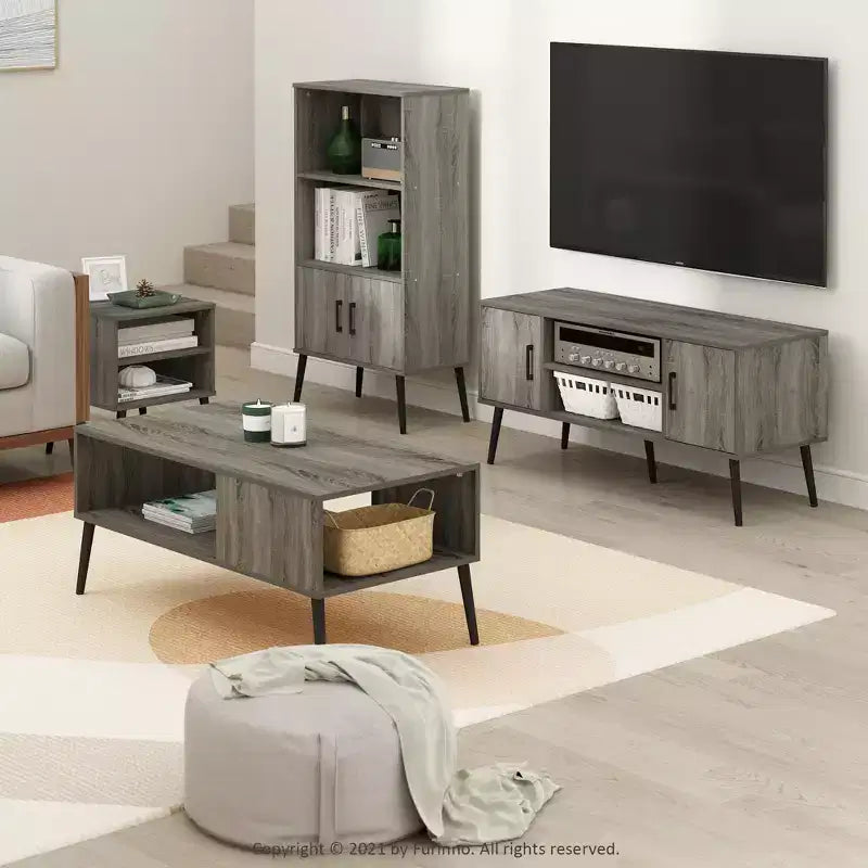 Mid-Century TV Stand with 2 Cabinets & Open Storage Shelves for TVs up to 50", French Oak Grey