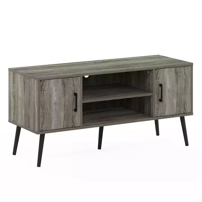Mid-Century TV Stand with 2 Cabinets & Open Storage Shelves for TVs up to 50", French Oak Grey