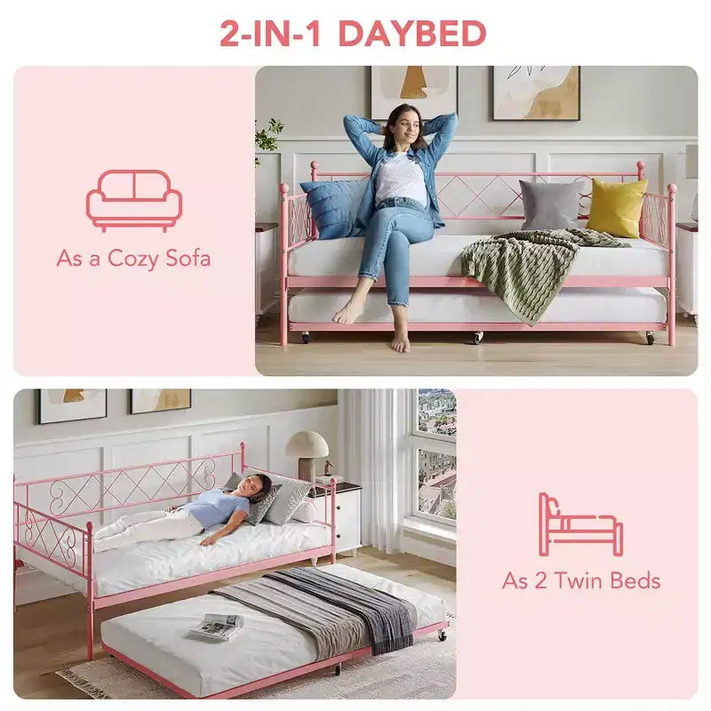 Twin Metal Daybed with Trundle – Space-Saving Sofa Bed for Bedroom and Living Room