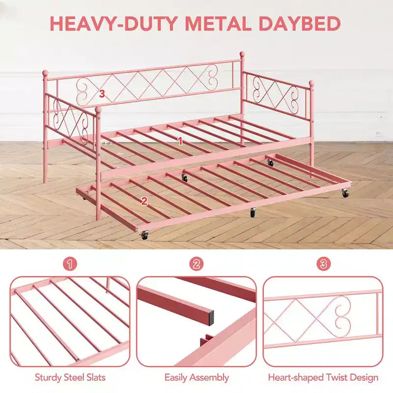 Twin Metal Daybed with Trundle – Space-Saving Sofa Bed for Bedroom and Living Room