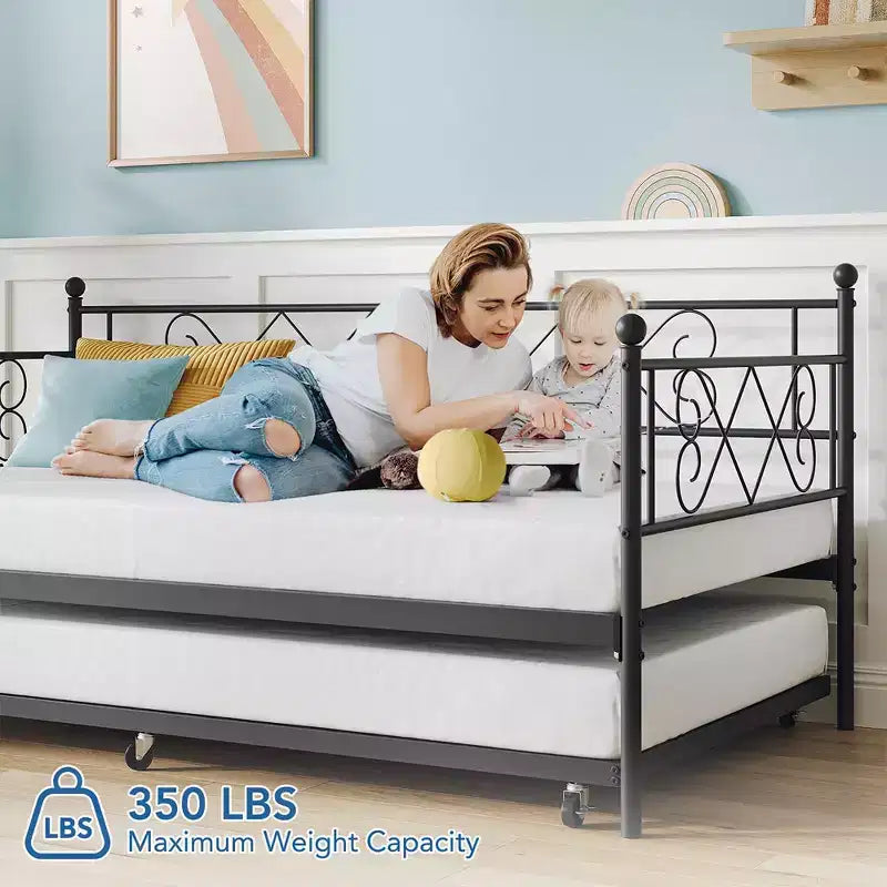 Twin Metal Daybed with Trundle – Space-Saving Sofa Bed for Bedroom and Living Room