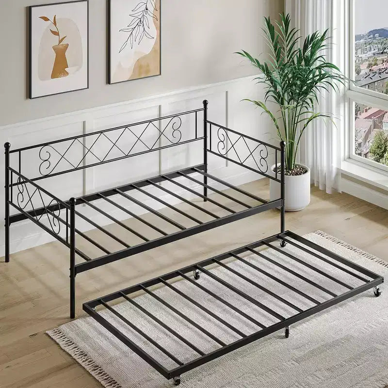 Twin Metal Daybed with Trundle – Space-Saving Sofa Bed for Bedroom and Living Room